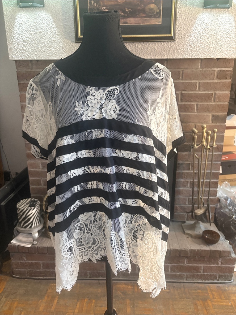 Sheer White Lace Blouse with Black Stripe Detail